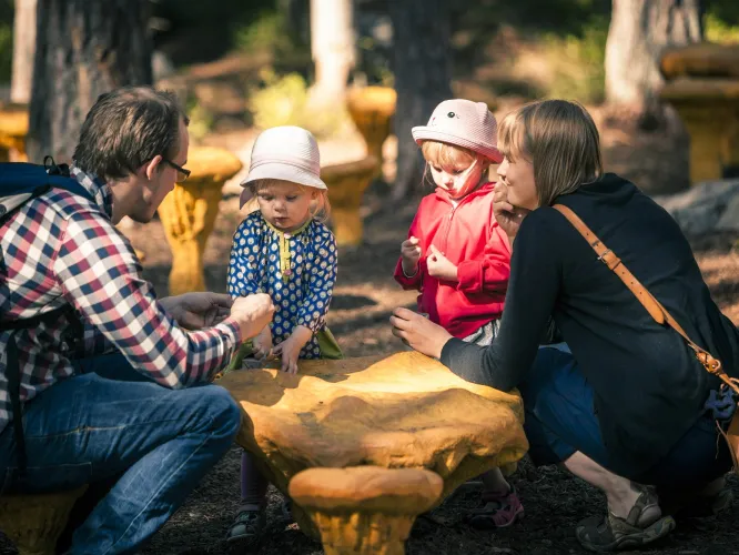 Färgbild - barnfamilj sittande i skogsmiljö