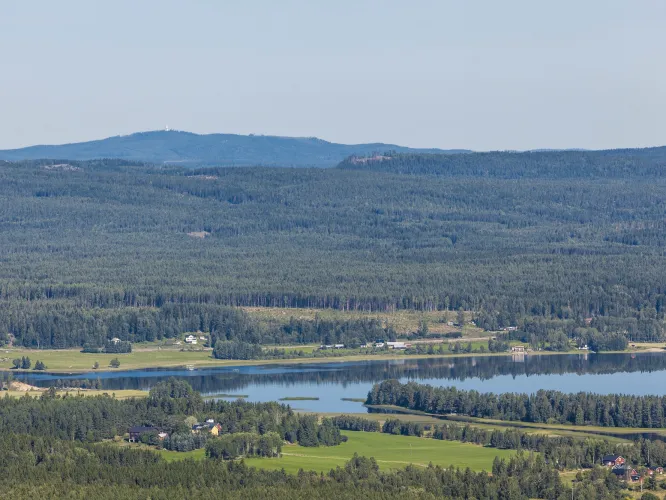 Utsikt över berg, sjö och skog.