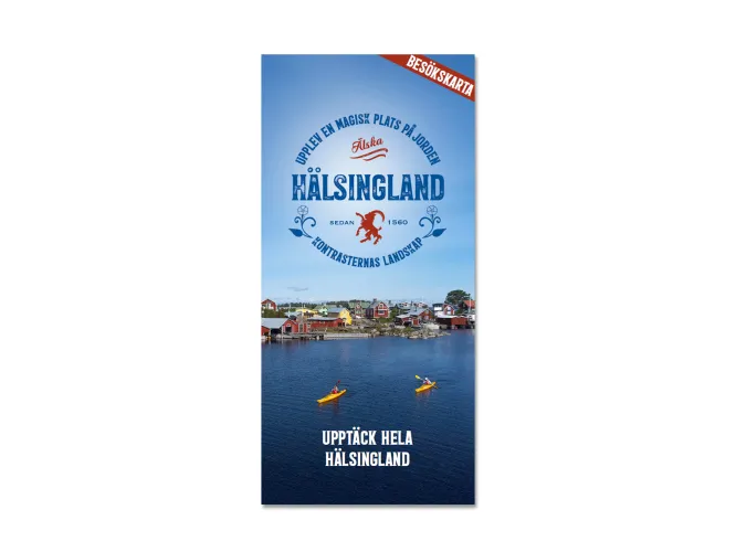 Färgbild - vit bakgrund och framsidan av en besökskarta. Logotype Hälsingland och bild på skärgård.