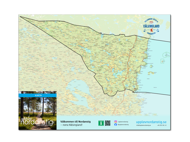 Färgbild - karta över Nordanstigs kommun med text och logotyper