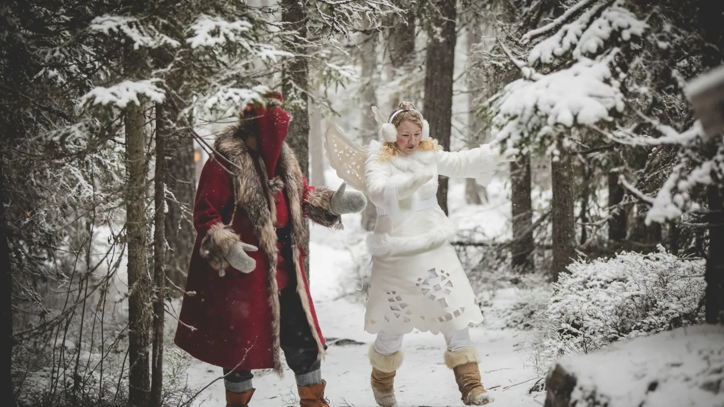 Färgbild - en jultomte och skogsfe utomhus i skogsmiljö.