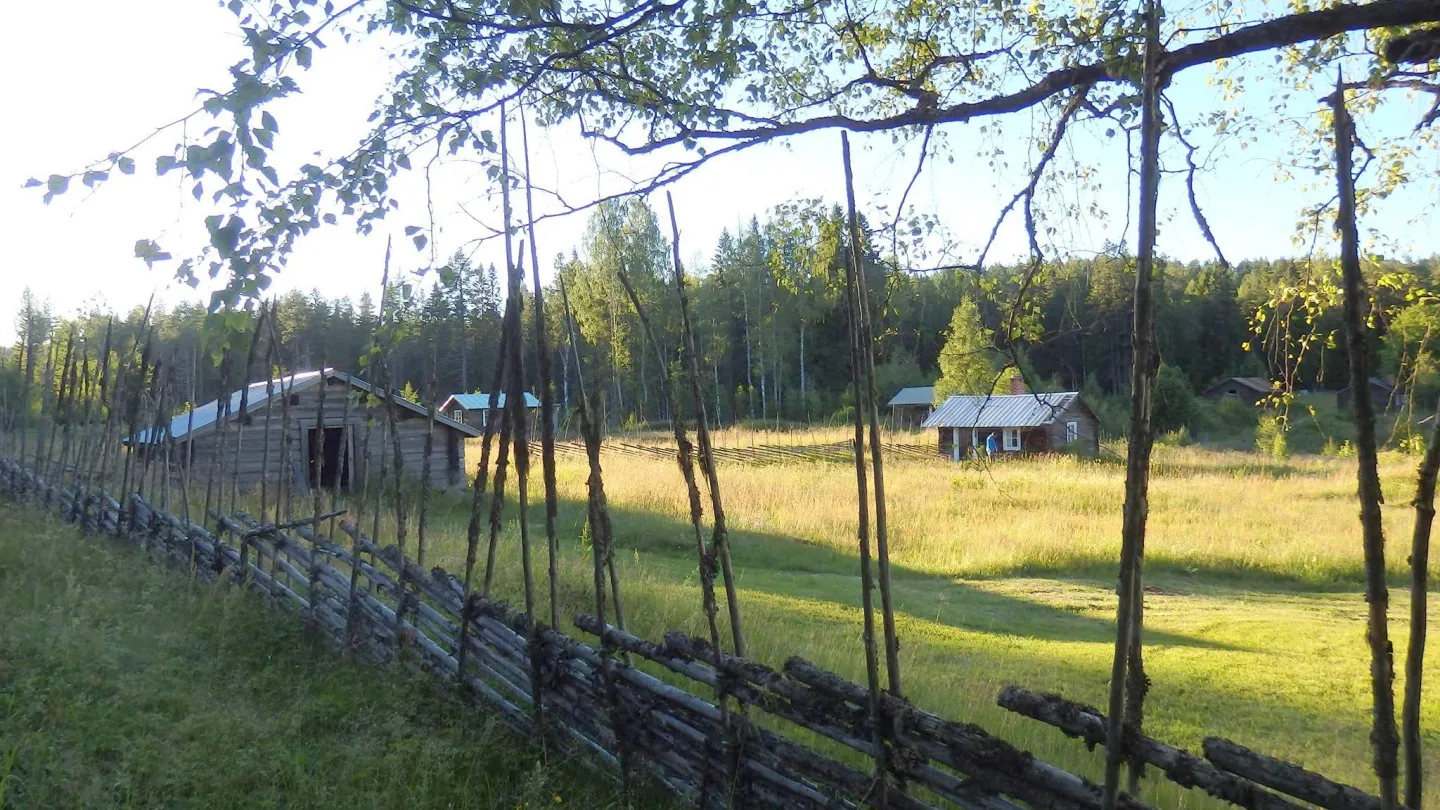 Fädbodvall med stugor och gärdesgård.