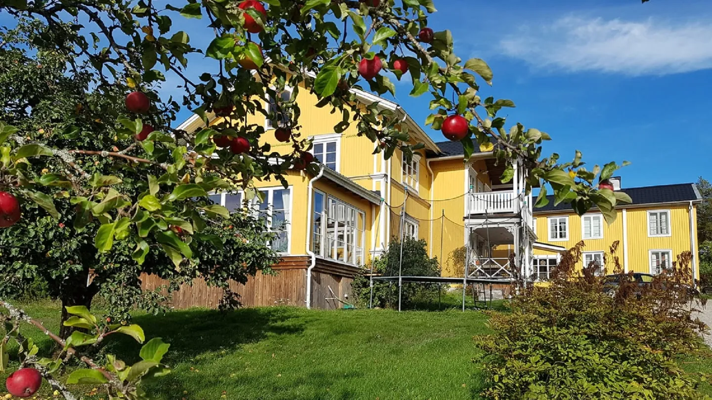 Gult lantgård med vita knutar och grönskande trädgård som omgivning