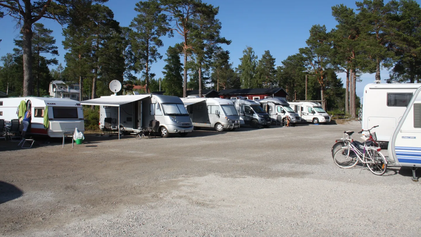 Stocka ställplatser i hamnen, husbilar på rad, med träd i bakgrunden.